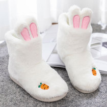 Rabbit cotton slippers female winter plus velvet cute cartoon fashion three-dimensional rabbit ear bag with high warm home slippers