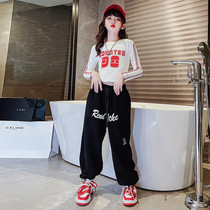 Girls trousers spring and autumn foreign style fashionable childrens hip-hop long trousers middle-aged and older children wear letter print wide-leg trousers trendy