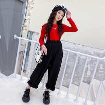 Girl Back Belt Pants Suit 2022 Spring Dress Childrens Sleeve Head Long Sleeve Undershirt Trendy Street Dance Broadlegged Pants Two Sets