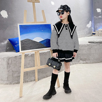 Girl Academy Wind Suit Foreign Air Autumn Dress CUHK Child Navy Collar Striped Blouse Blouse Blouse Two Sets Tide