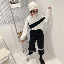 Childrens autumn and winter suit 2021 new male and female children plus velvet thickened sports clothing tennis red ocean collage two sets of damp