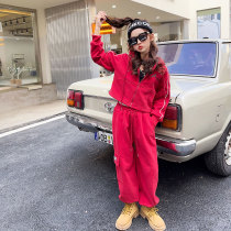 Childrens sweet cool hip-hop suit girls hip-hop loose performance clothing plus fleece overalls trendy childrens two-piece sportswear