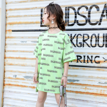 Girls T-shirt Long 2021 Summer New Korean t Letter Printing Fluorescent Green Top Dress