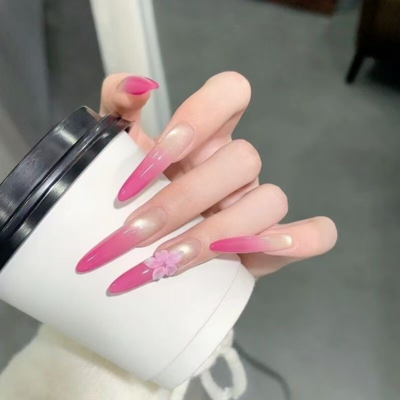 【Spicy Girl Dragon Fruit】Wearable Nail Pink Gradient Flower Nail Art Patch Long One-Piece Nail Piece