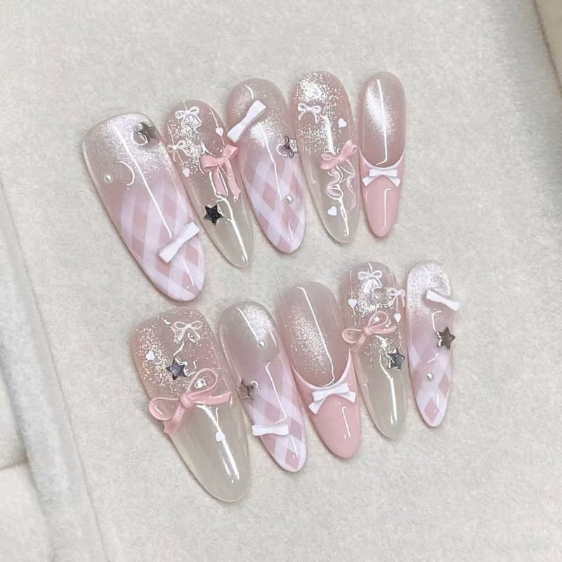 M327 Bowknot Semi-Handmade Cat Eye Handmade Wearable Nails Pink Plaid Cute New High-End Brightening Flashing Nail Art