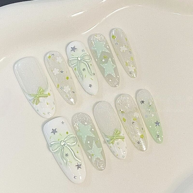 K001 Spring Mint Spring Message Fresh Star Flower Sheer Bow Handmade Wearable Nails High-End Nail Art