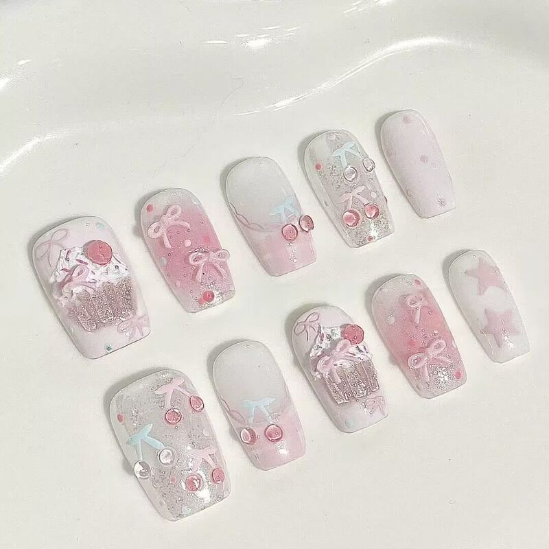 M161 New Semi-Handmade Short Cat-Eye Cartoon Nail Art for Students, Brightening Effect, High-End Nails, Cherry Blossom Design