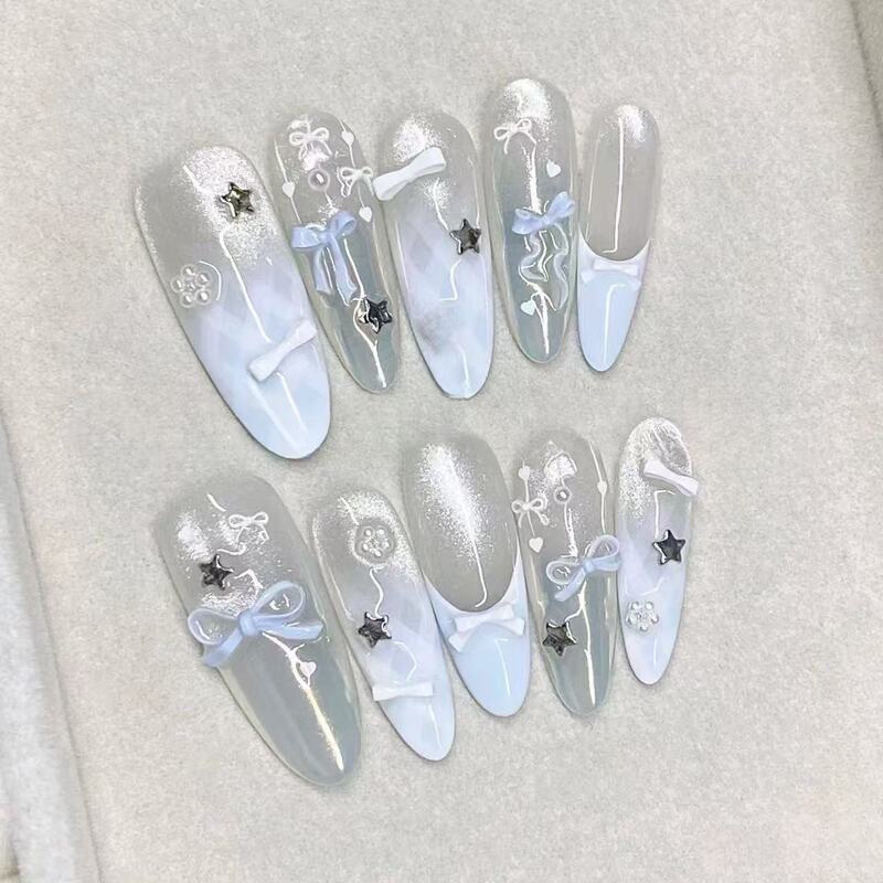 M314 Blue Frost Semi-Handmade Whitening Fresh Blue Bowknot Wearable Nails French Style High-End Cat Eye Manicure with a Sense of Sophistication