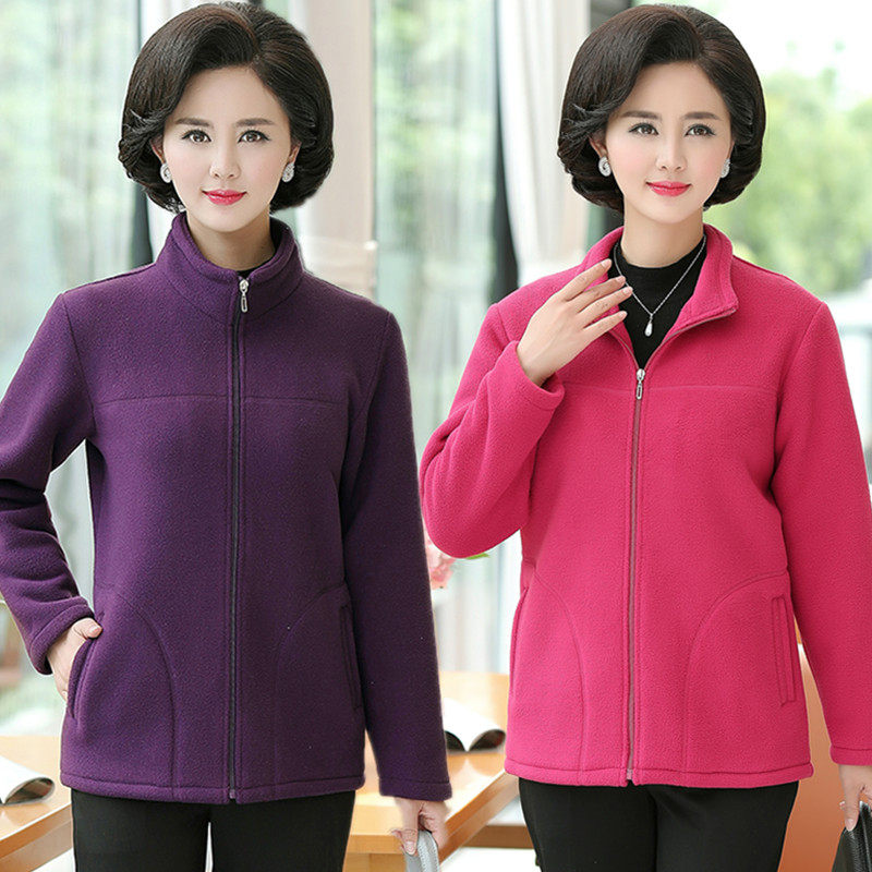 Middle-aged and elderly women's polar fleece sweater Mother's fleece large size coat plus velvet warm solid color casual thick cotton