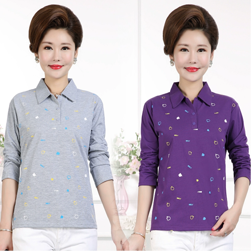 Người trung niên và người già cộng với chất béo cộng với size áo thun cotton dài tay Các bà mẹ mặc áo cotton mùa xuân có cổ - Quần áo của mẹ