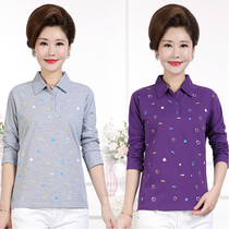 Middle-aged and elderly fattened plus size cotton long sleeve T-shirt female mother dress spring with collar cotton shirt shirt