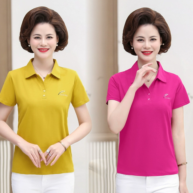 Mẹ mặc áo thun cotton ngắn tay cho nữ tuổi trung niên ve áo mùa hè thêu màu đơn sắc quần áo nữ trung niên - Phụ nữ cao cấp