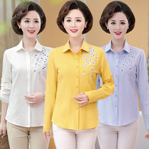 Middle-aged ladies lapel embroidered long-sleeved cotton shirt mother womens loose thin new cotton shirt middle-aged and elderly
