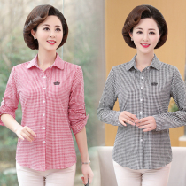 Middle-aged womens plaid cotton spring long-sleeved shirts middle-aged and elderly mothers all-match shirts straight cotton tops