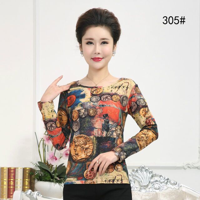 Phụ nữ trung niên mùa xuân áo thun màu trung niên 40-50 tuổi Đàn ông quần áo dài tay mẹ váy nữ chạm đáy áo kiểu trung niên 2020
