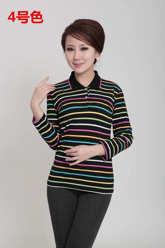 Phụ nữ trung niên mặc áo cotton dài tay áo thun mẹ mặc áo dài mùa xuân và mùa thu cổ áo POLO cotton cổ áo