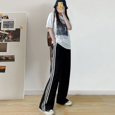Straight-leg wide-leg pants for women, large-sized summer, thin, chubby girls, high-waisted, loose, slimming, casual, sporty floor-length pants
