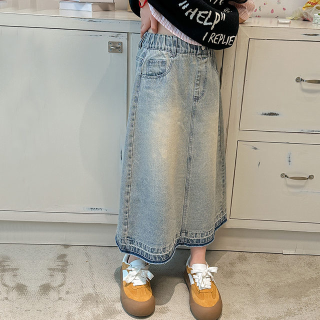 Skirt Denim Girls's Wardrobe ຂອງ Feifei 2024 Spring New Style ກາງ ແລະ ໃຫຍ່ ເດັກນ້ອຍອະເນກປະສົງ Washed Soft Denim Skirt