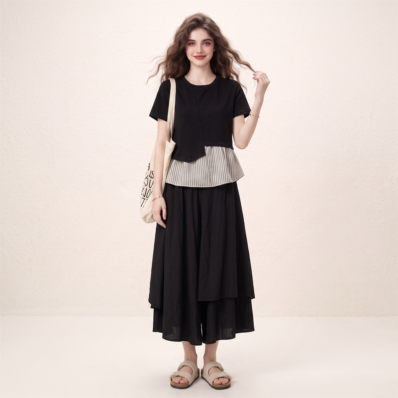 Morin Black Striped Patchwork Short-Sleeved Top and Wide-Leg Skirt Pants Set for Women, Summer 2026 New Two-Piece Set Ootd Morin Black Striped Patchwork Short-Sleeved Top and Wide-Leg Skirt Pants Set for Women, Summer 2026 New Two-Piece Set Ootd