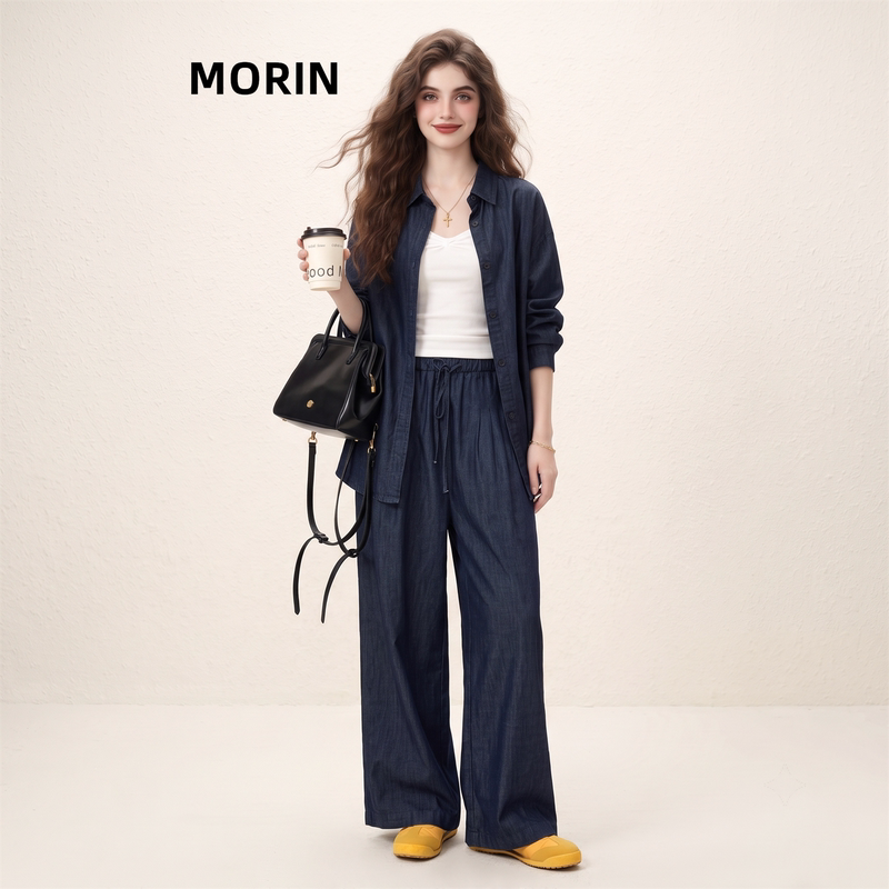Morin Denim Blue Minimalist Style Shirt and Wide-Leg Pants Set for Women, Autumn 2026 New Style, Lazy and Versatile Two-Piece Set Morin Denim Blue Minimalist Style Shirt and Wide-Leg Pants Set for Women, Autumn 2026 New Style, Lazy and Versatile Two-Piece Set