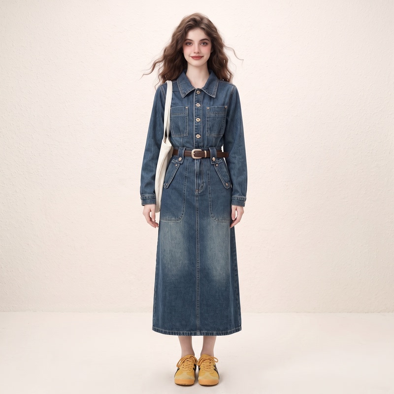 Morin American Preppy Style Waist-Cinching Denim Shirt Dress for Women, Autumn 2026 New Model, Exquisite and Elegant Long Dress Morin American Preppy Style Waist-Cinching Denim Shirt Dress for Women, Autumn 2026 New Model, Exquisite and Elegant Long Dress