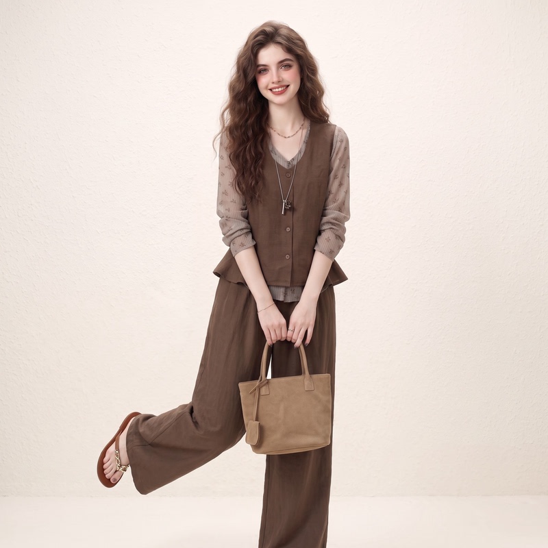 Morin Dark Brown Light Mature Style Fake Two-Piece Top and Casual Pants Set for Women, Autumn 2026 New Two-Piece Set