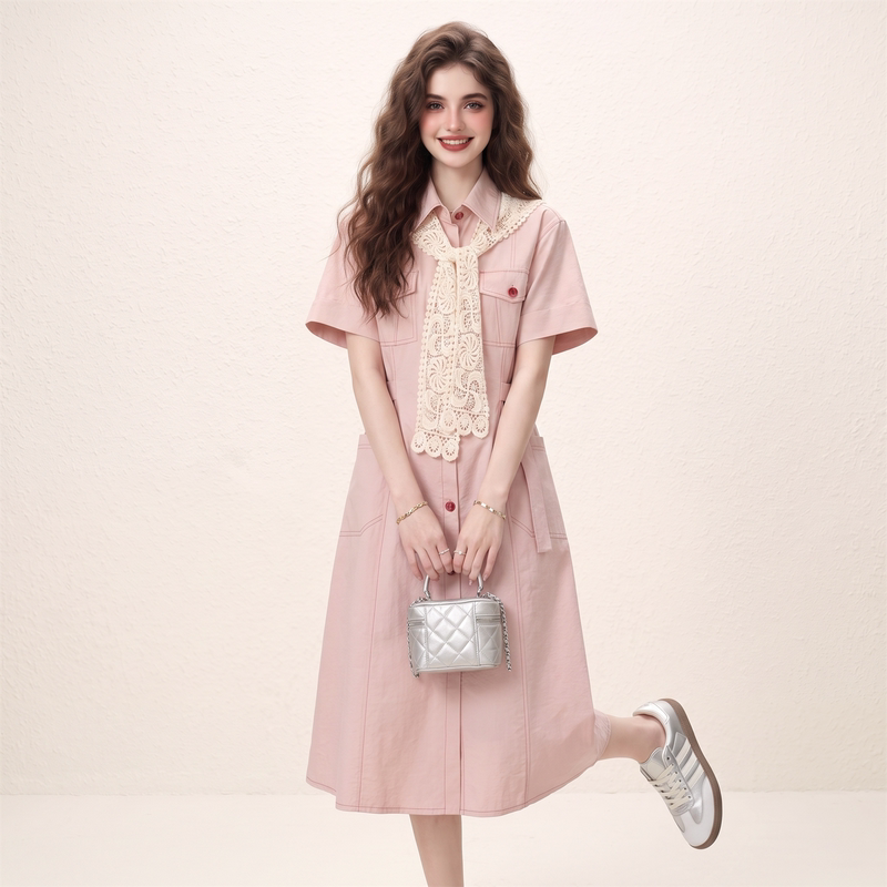 Morin Girly Lace Shawl Pink Shirt Dress for Women, Summer, Petite, Popular Style, High-End and Stunning