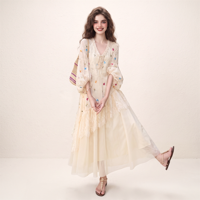 Morin Beige Contrast Floral Lace Ruffle Dress Women's Summer 2026 New Design Long Dress