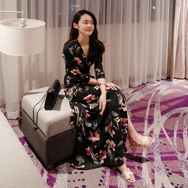 Korean Style Printed Dress, Elegant Floral Wrap Dress, One-Piece V-Neck Slim Fit, Slimming, Seaside Vacation Beach Dress