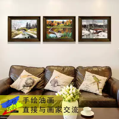 Small landscape sketching combination original pure hand-painted handmade living room triptych banner decoration simple American and European oil painting