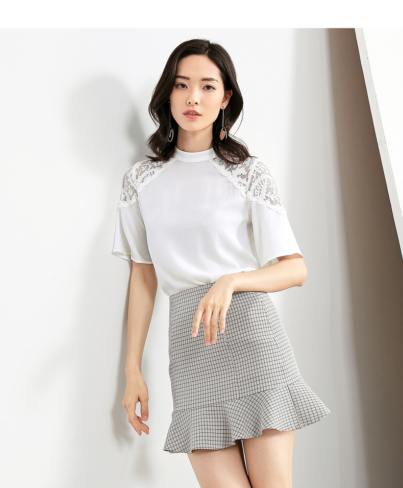 [Giá mua 66 nhân dân tệ] 2019 áo mới của phụ nữ tay áo năm điểm backless áo nhỏ ren đen khâu áo voan áo sơ mi nữ cổ tròn cách điệu
