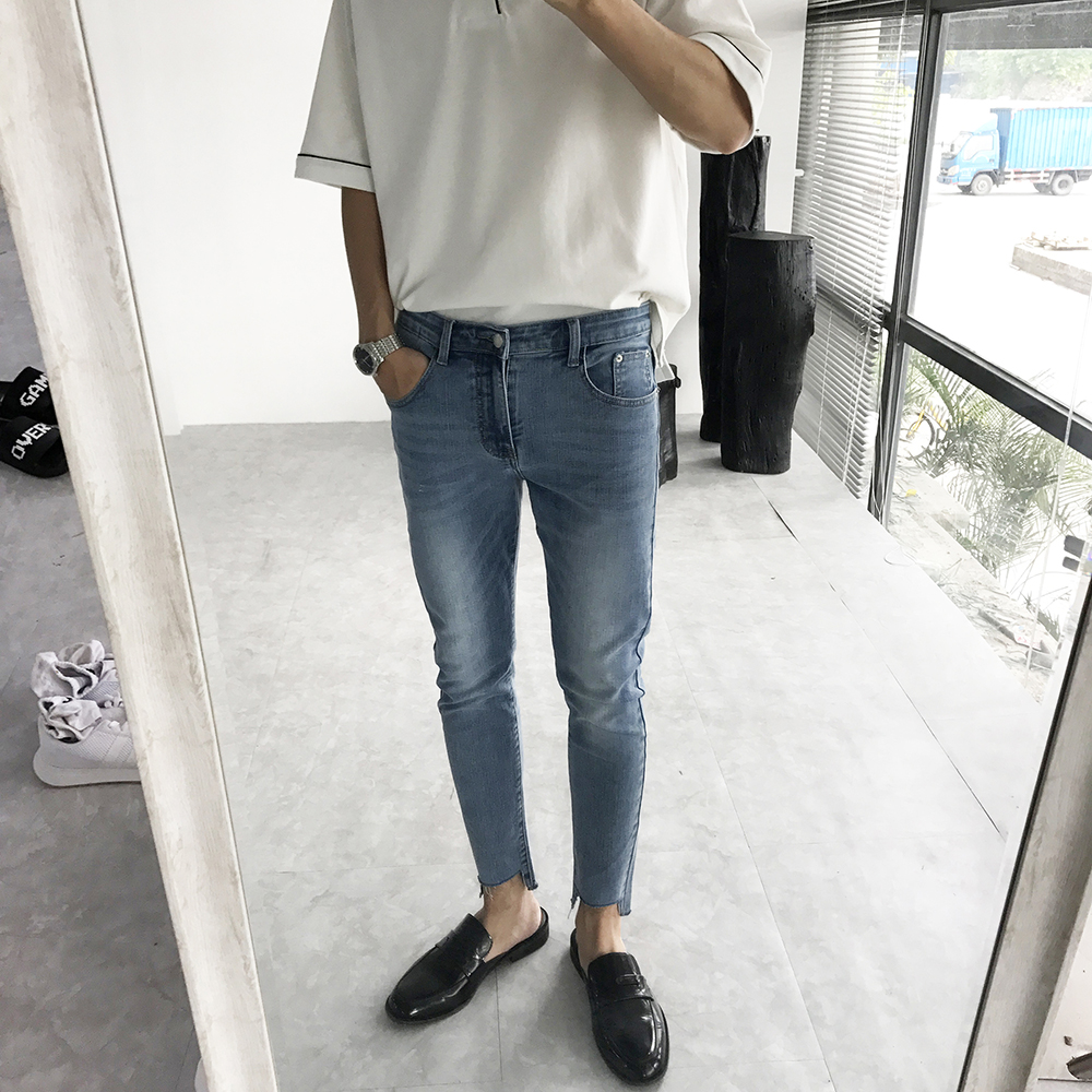 CCJE 适合夏天的洗水颜色 拉腿修身缺口牛仔裤 微弹力
