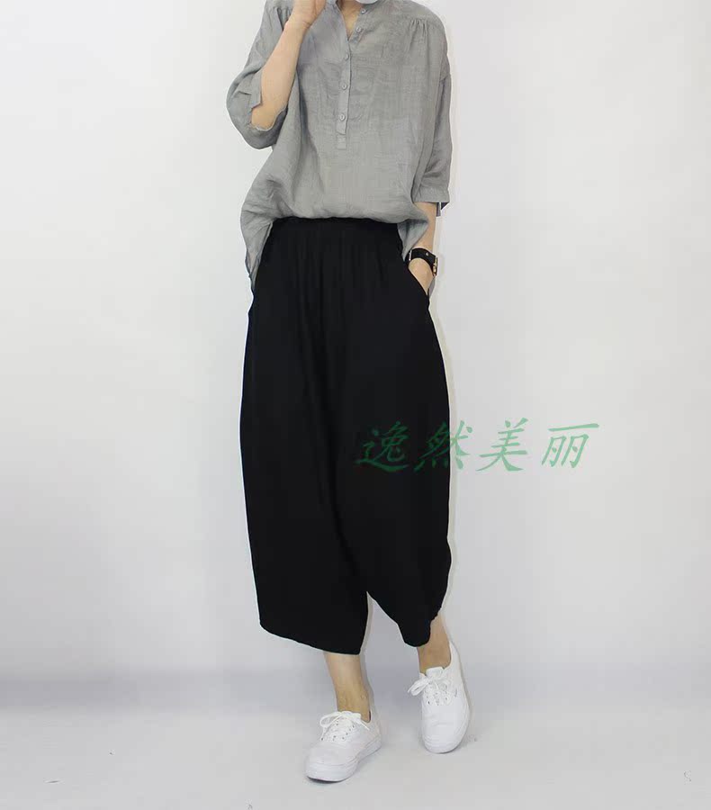 Zuo Cun đích thực cotton và áo sơ mi vải lanh rộng rãi áo sơ mi nữ mùa hè 2019 áo mới 95123 - Cộng với kích thước quần áo quần ống rộng nữ