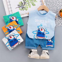 2021 summer new sleeveless two-piece set of small boys and girls printed letters refueling cat denim shorts set