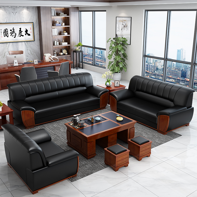New Chinese office sofa Business Guests Reception in talks Three-place chairman's office sofa tea table combination