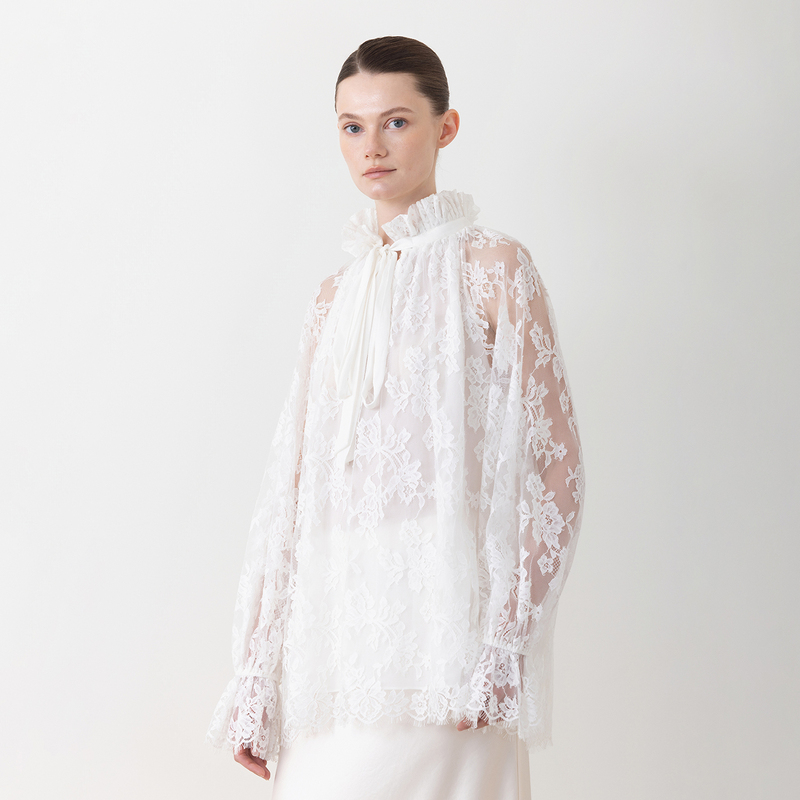 Qiqifur White Lace Ribbon Top Early Autumn New Style French Lantern Sleeve High-End Top Outer Wear Shirt
