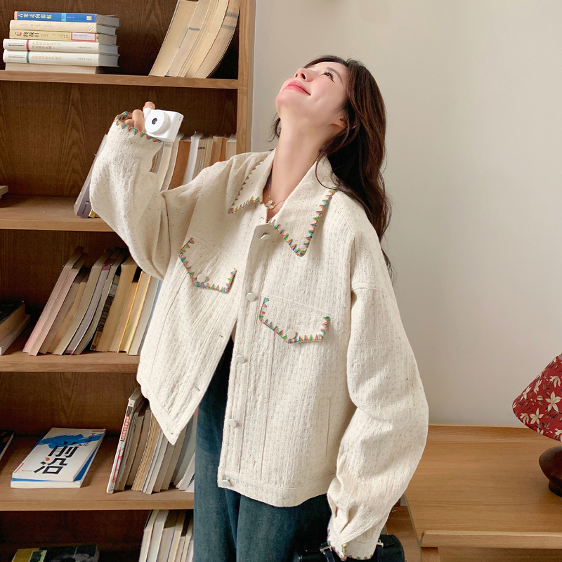 Off-White Petite Embroidered Polo Collar Short Jacket for Women 2026 Spring Korean Style Unique and Stylish Age-Reducing Jacket