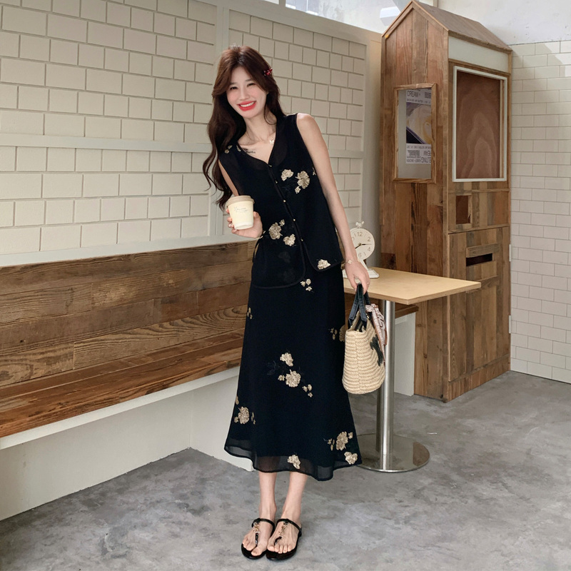 Black New Chinese-Style Zen-Inspired Printed Sleeveless Vest Set for Women, Summer High-Waisted Skirt Two-Piece Set 2026