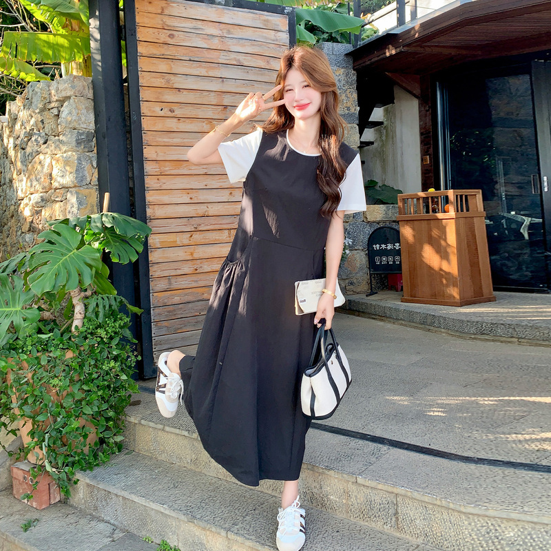 Black Korean Style Casual and Lazy Style Slimming Dress for Women 2026 New Summer Casual Style Fake Two-Piece T-Shirt Dress