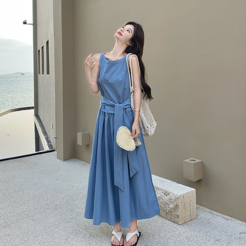 Blue Korean-Style Ins-Style Waist-Cinching Slimming Elegant Long Dress for Women 2026 New Summer Simple Gentle Style Dress