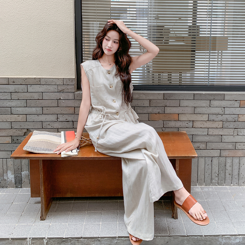 Beige Korean-Style Casual and Relaxed Set for Women 2026 New Drawstring Sleeveless Top Summer Wide-Leg Pants Two-Piece Set