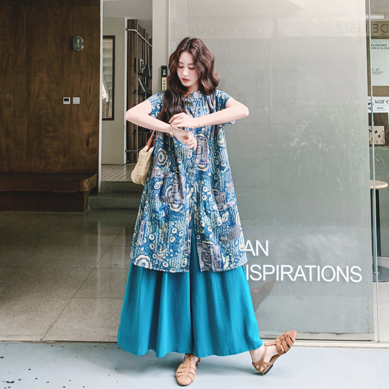 New Chinese-Style Elegant and Noble National Style Set for Women, National Style Tie-Dye Printed Shirt and Skirt Pants Two-Piece Set, 2026 New Model