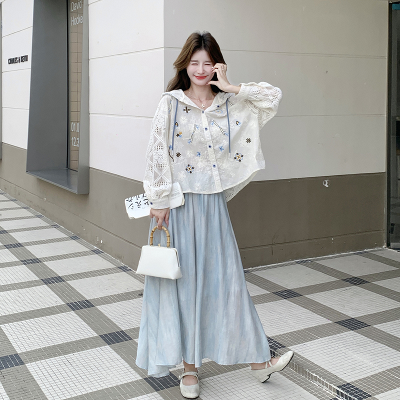 Early Autumn Trendy Hot-Selling Items: Stunning Tie-Dye Style Outfits, 2026 New Hollow-Out Embroidered Hooded Top and Skirt-Pants Two-Piece Set