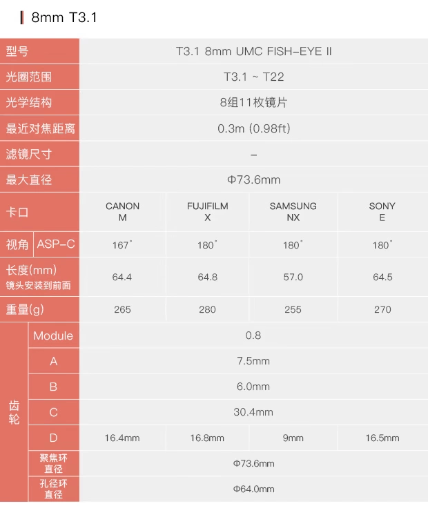 Sanyang 8mm F2.8II T3.1 Fisheye SLR micro ống kính thủ công