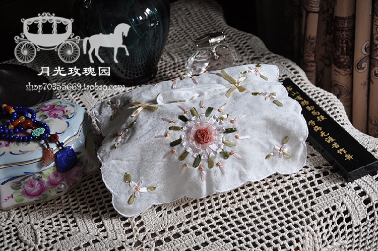 (New) Handmade Silk Ribbon Embroidered Paper Towel Box in the Moonlight Rose Garden Library