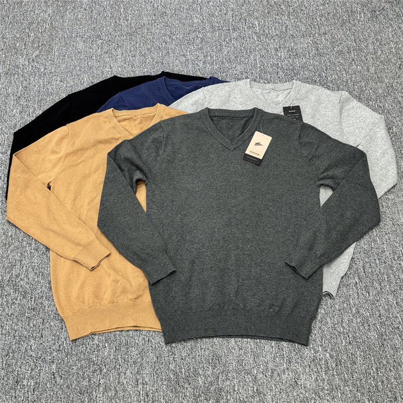 Men's Vintage Casual 100% Cotton Base Sweater for Spring, Autumn, and Winter, Warm V-Neck Sweater