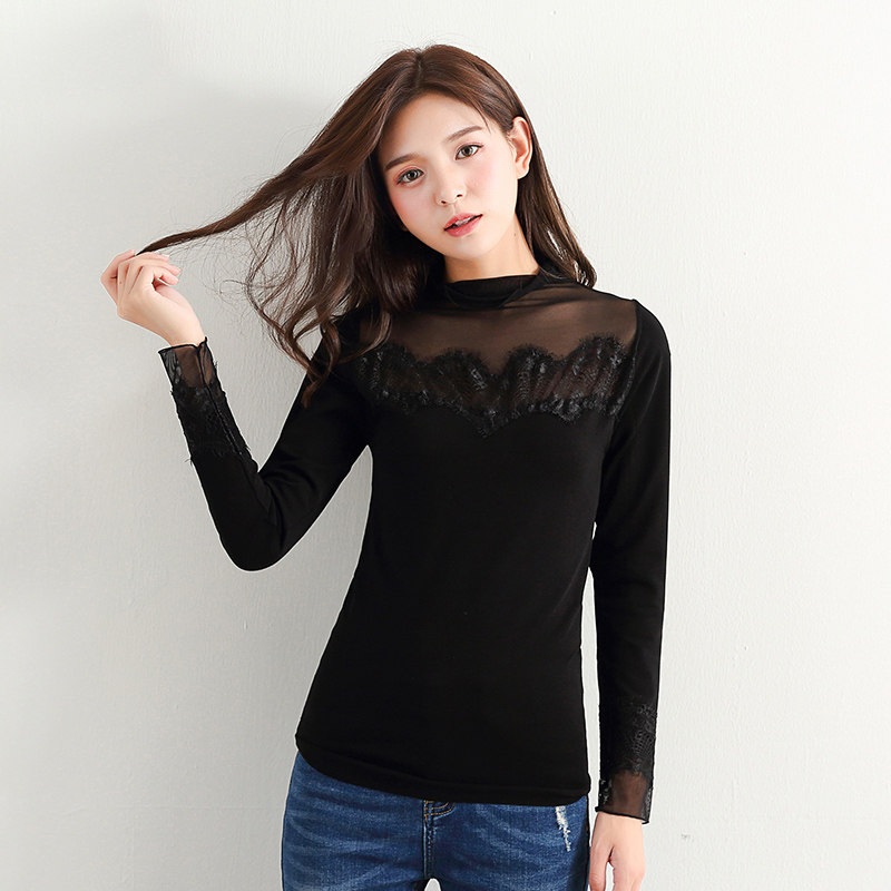 Thin-style spring and autumn clothes body and body long sleeve female beating bottom shirt lace mesh yarn outside wearing yarn collar fever sweatshirt