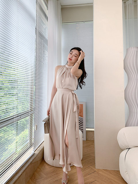 2023 summer fashion gentle celebrity style hanging neck vest large skirt with slit skirt acetate two-piece suit