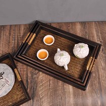 Solid wood bamboo woven tray Elongated fruit plate Living room tea table Japanese tea set Tea plate Hotel clubhouse Thai style dinner plate