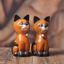 Thai solid wood carving lucky cat decoration Southeast Asian style couple kitten decoration study living room desktop decoration